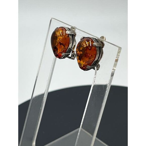 Sterling Silver 925 Prong Teardrop Shape Glowing Amber Stud Clip On Earrings - Picture 6 of 13